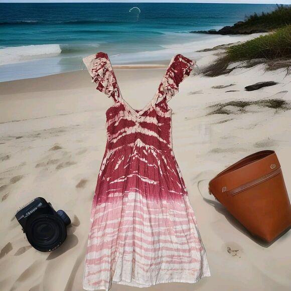 Reggae Tie Dye Mini Dress Cinched Chest Fit And Flare Beachy Boho Indie Vacation - Picture 1 of 11
